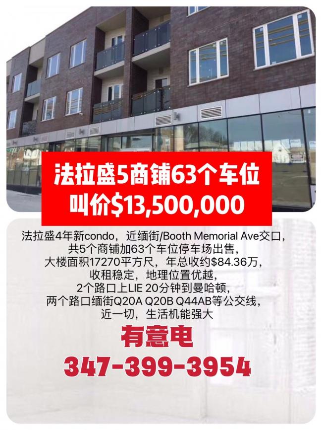  法拉盛5商铺63个车位，叫价$13,500,000 class=